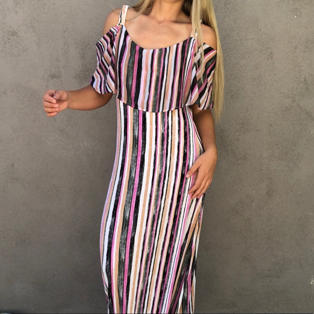 Pastel striped maxi dress off the shoulder ruffle